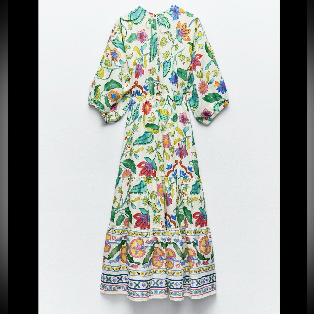 PRINTED LINEN BLEND KNOTTED DRESS - Picture 14 of 16